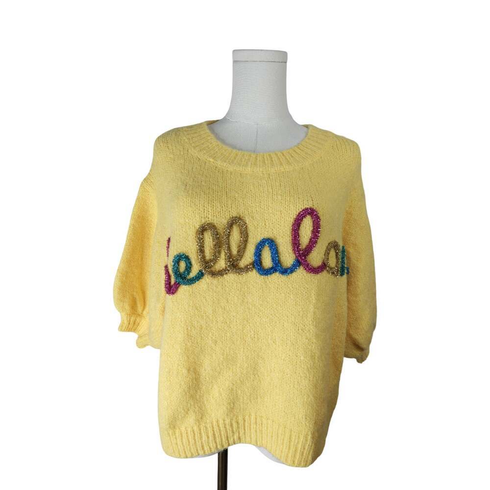 Macaron Yellow Hello Love Graphic Knit Sweater Sz Small NWT